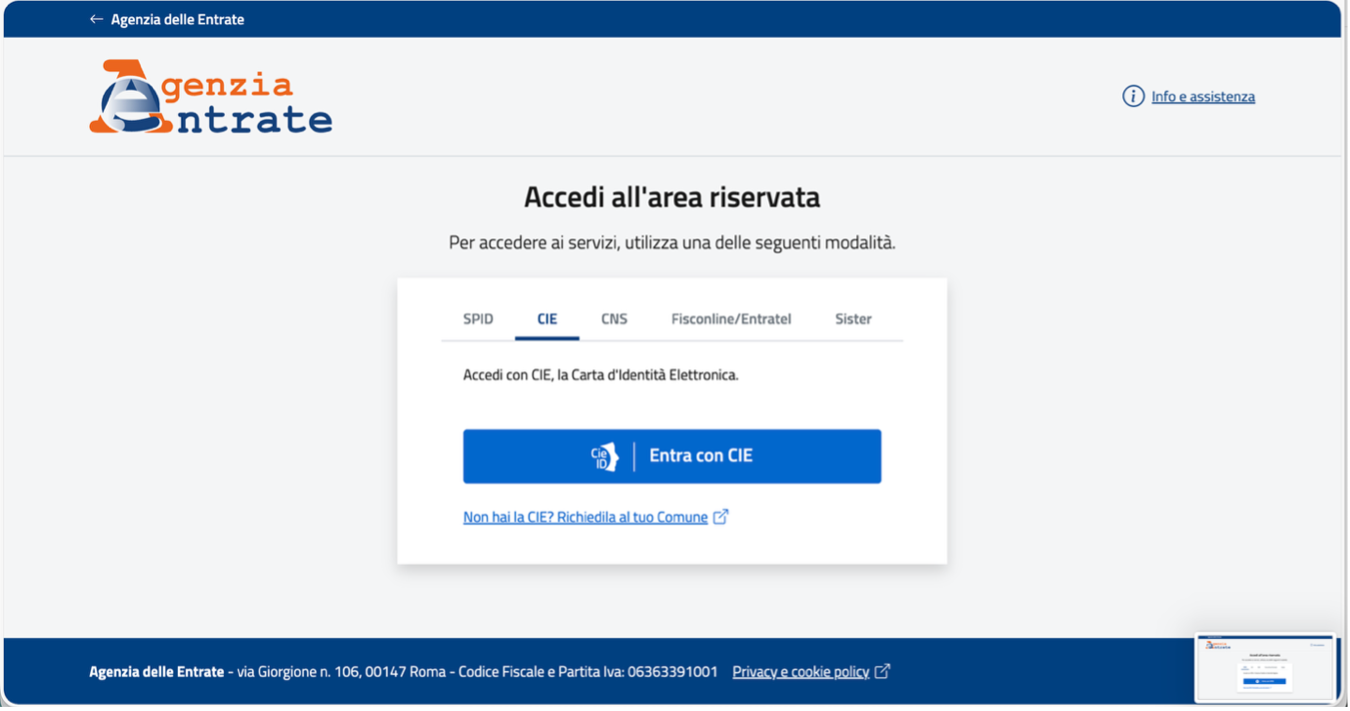 Agenzia delle Entrate login page showing CIE and SPID authentication options