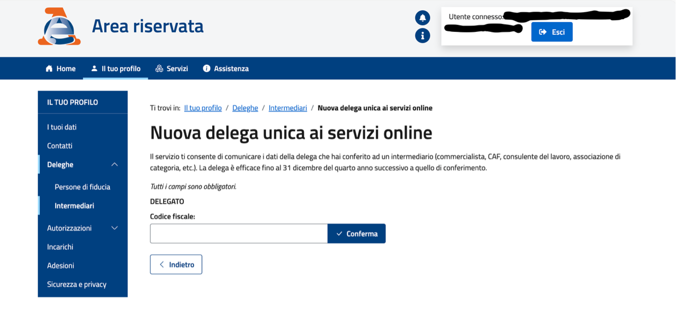 Nuova delega unica ai servizi online — entering JSBC codice fiscale and clicking Conferma