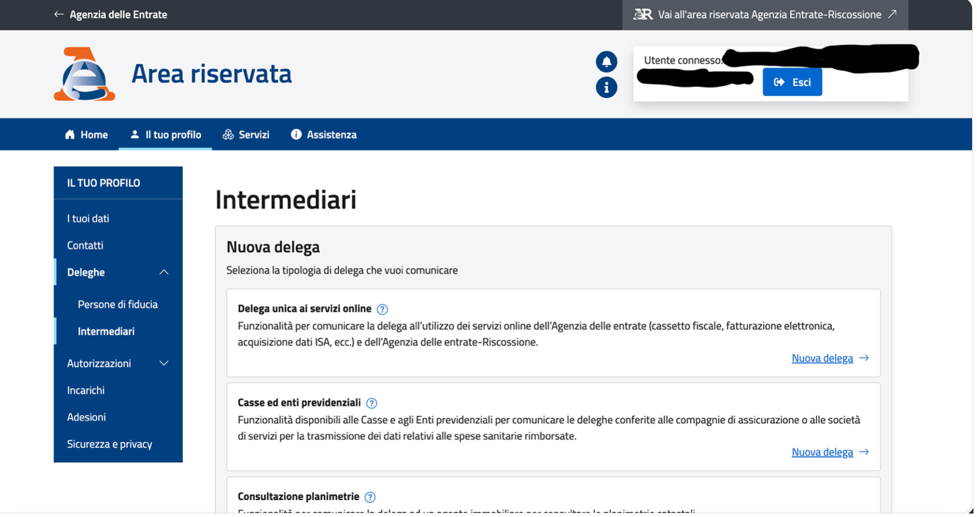 Agenzia delle Entrate Intermediari page showing Nuova delega options