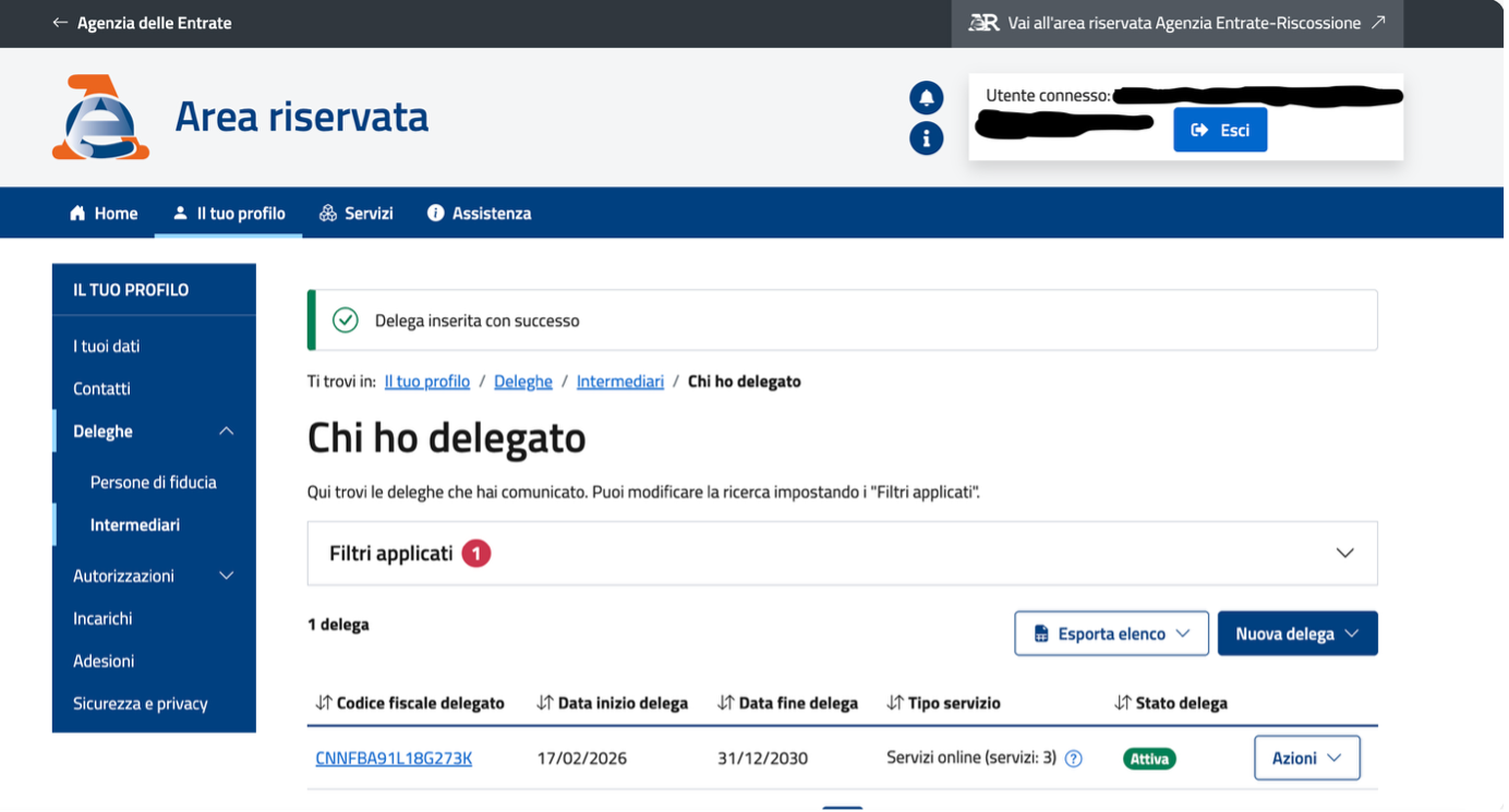 Delega inserita con successo — confirmation showing active delegation status under Chi ho delegato