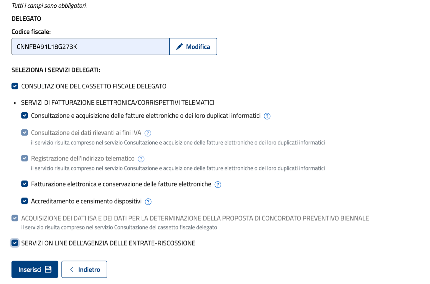 Delega Unica — selecting all required delegated services including Cassetto Fiscale, Fatturazione Elettronica, Dati ISA, and Entrate-Riscossione
