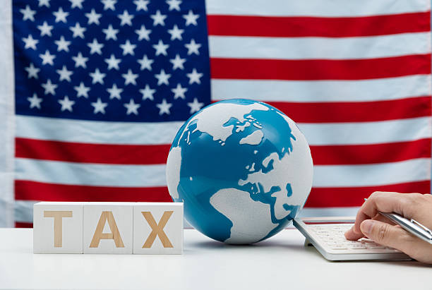 U.S. flag with globe and tax blocks
