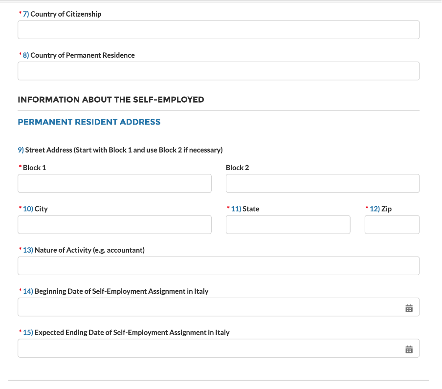 SSA Certificate of Coverage form — citizenship, permanent address, nature of activity, and Italy employment dates