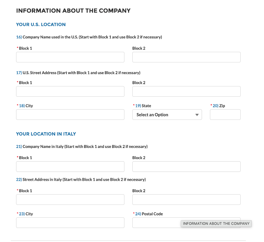 SSA Certificate of Coverage form — U.S. company location and Italian work location fields