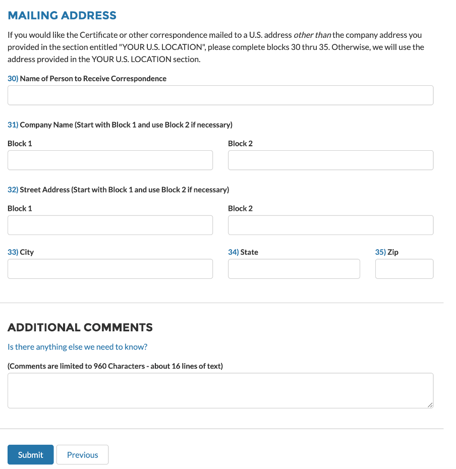 SSA Certificate of Coverage form — mailing address and submit button