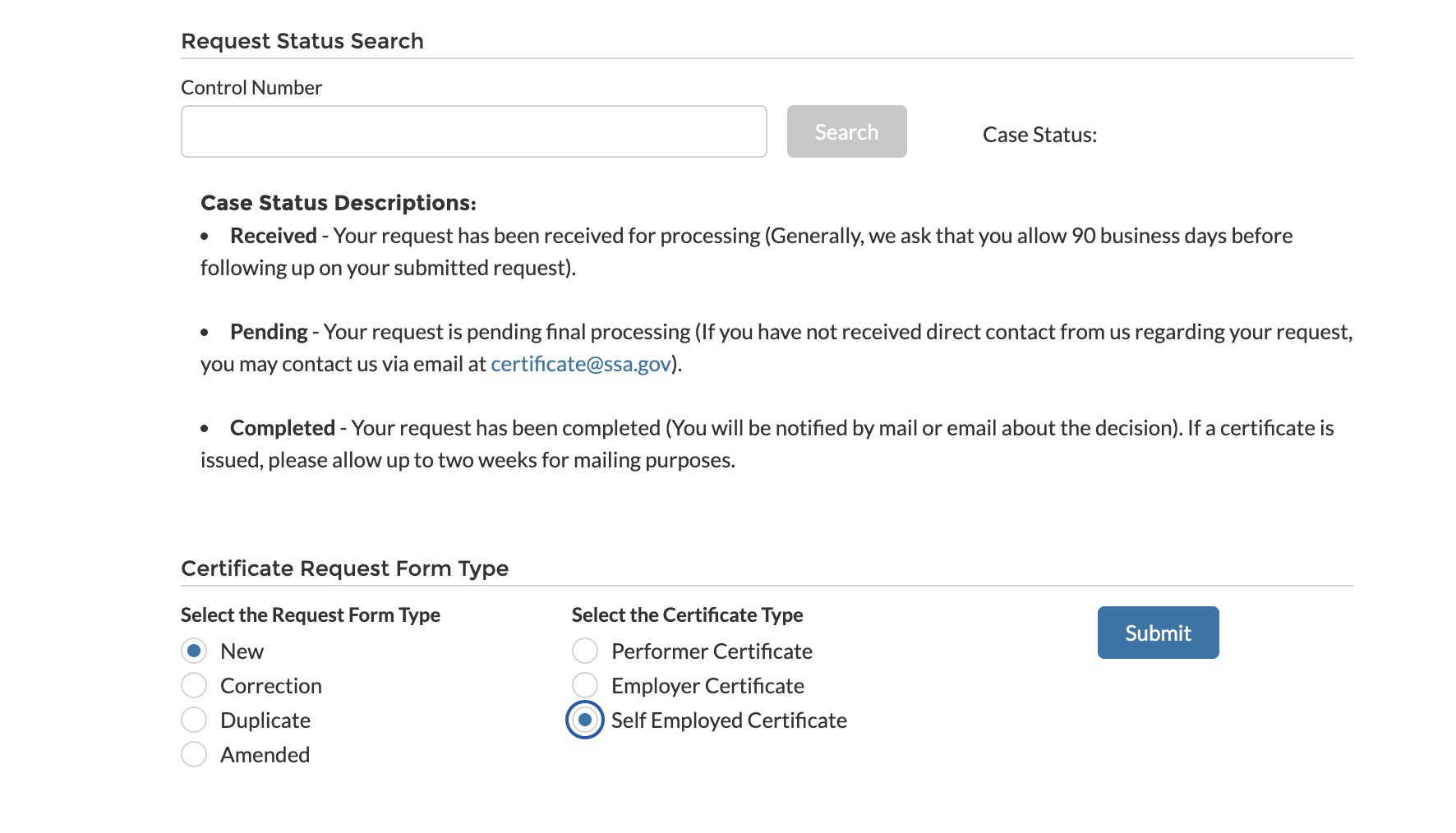 SSA Certificate of Coverage portal — selecting New request and Self Employed Certificate type