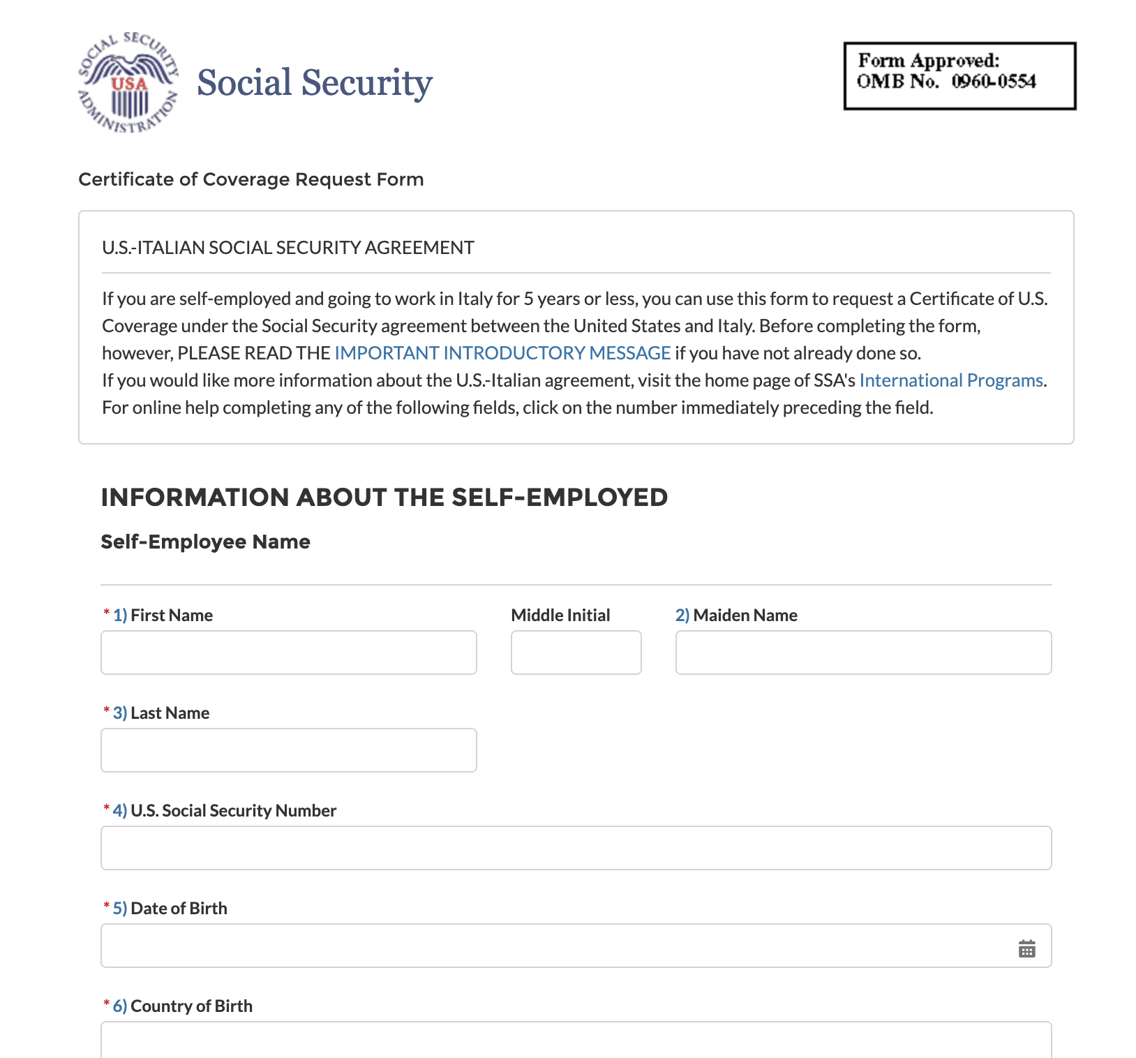 SSA Certificate of Coverage form — personal information fields including name, SSN, date of birth