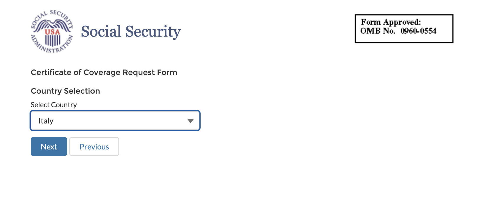 SSA Certificate of Coverage form — selecting Italy from the country dropdown